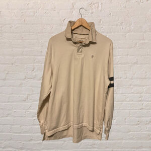 Izod Jeans Rugby Long Sleeve Polo – Men’s Large, Off-White with Navy Arm Stripes